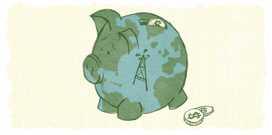 Globe piggy bank with oil rig illustration