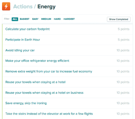 Screenshot of energy actions on practicallygreen.com