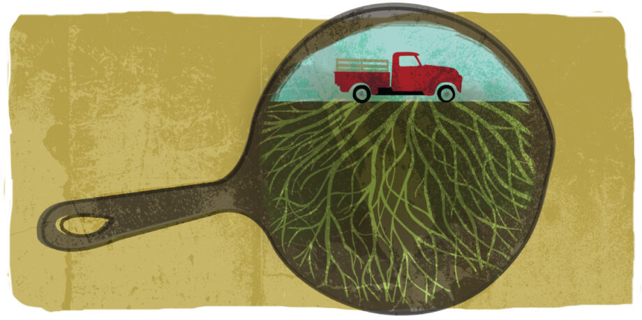 Truck, roots and frying pan representing how we move food, how we farm and how we eat