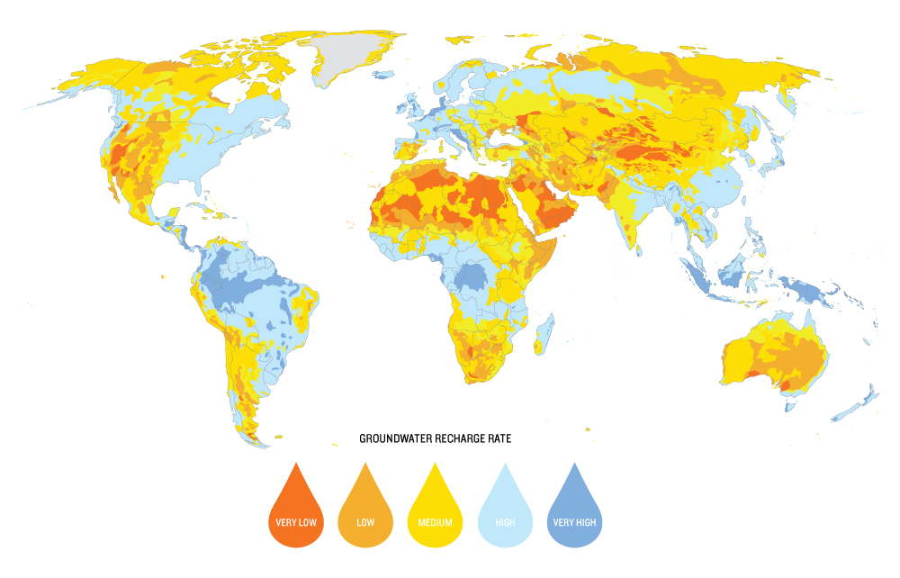 The rate at which rain, snow and surface waters are able to replenish groundwater varies tremendously from one place to another, mostly due to geology and climate. Along with aquifer size and type, the recharge rate determines the extent to which groundwater can be sustainably withdrawn for human use. Map created by Peder Engstrom and Kate Brauman of the Institute on the Environment's Global Landscape Initiative. Data provided by BGR & UNESCO (2008): Groundwater Resources of the World 1 : 25 000 000. Hannover, Paris.