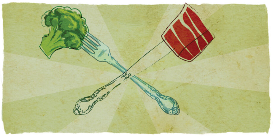 Illustration of broccoli on fork crossed with beef on knife