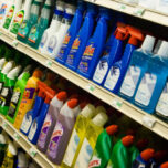 Supermarket shelf with a variety of cleaning products