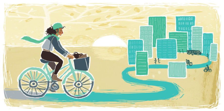 Young woman biking toward city