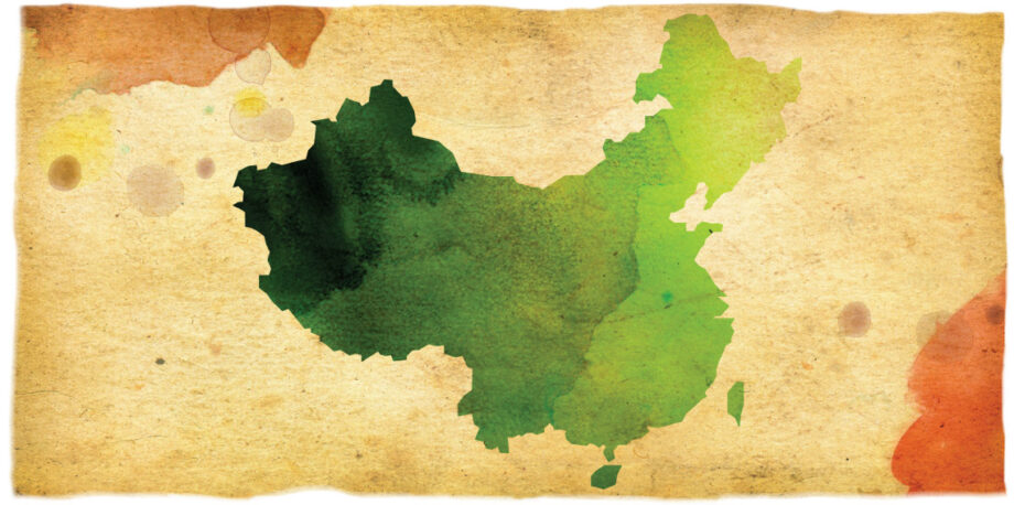 Shape of country to China painted green in watercolor style