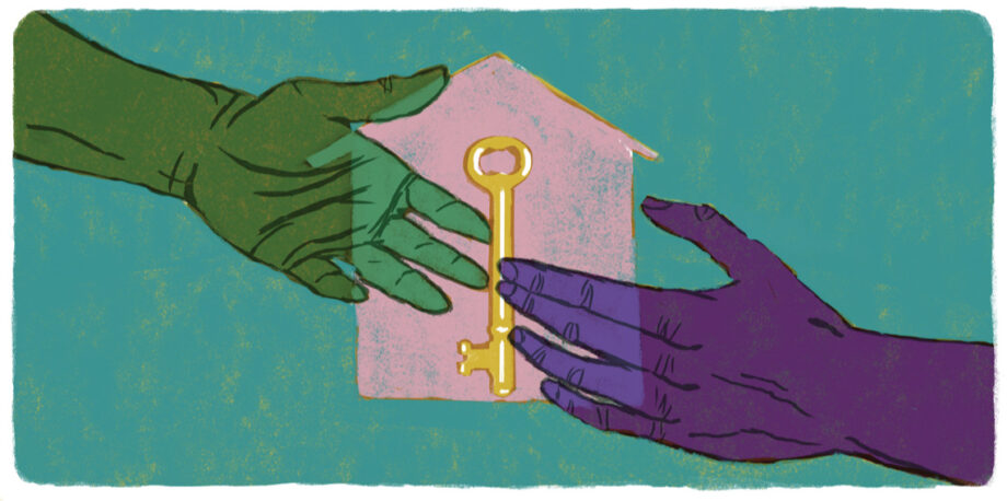 Hands exchanging a key in front of a house symbolizing community