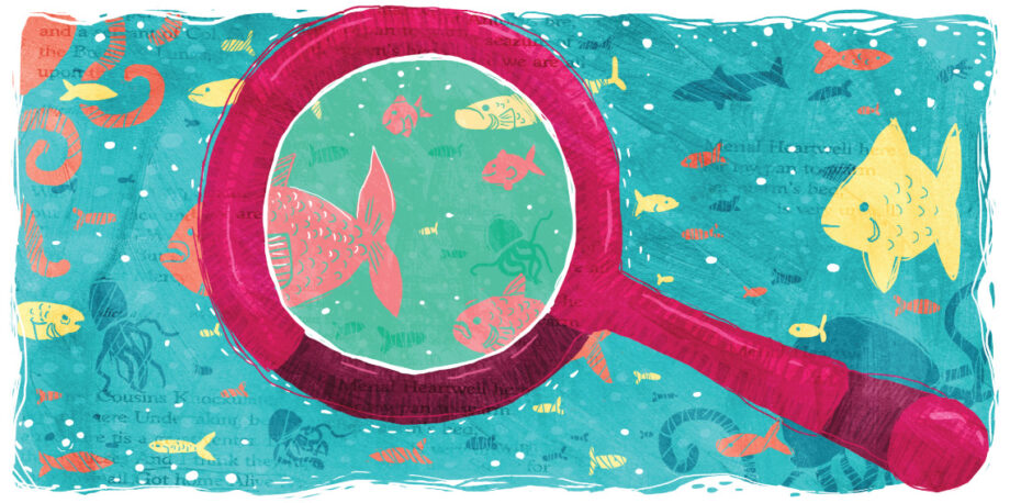 Magnifying glass with question mark in front of an aquarium of fish