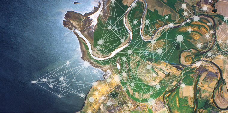 Aerial photo with an over-layed network of nodes