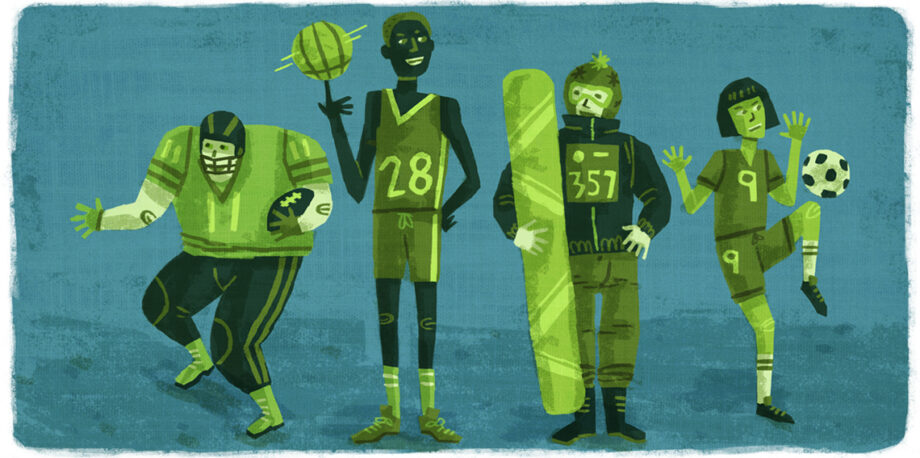 Athletes (football, basketball, snowboarding, soccer) in shades of green
