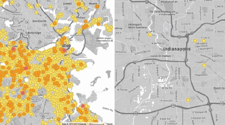 Screenshots of Environmental Defense Fund's interactive maps of underground methane leaks in Boston and Indianapolis