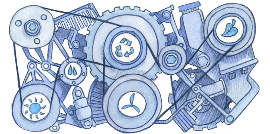 Engine parts with sustainability symbols