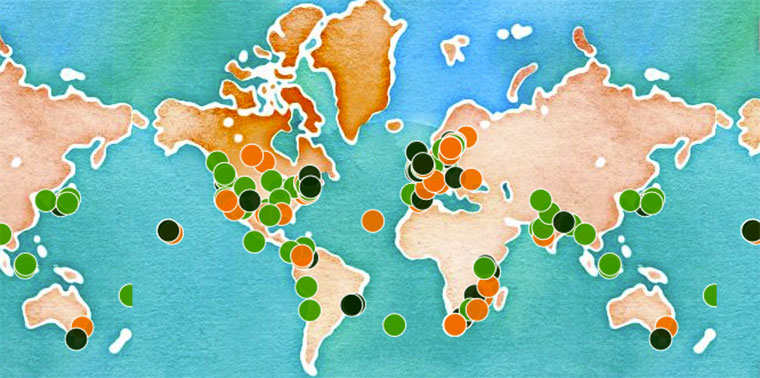 world map with highlighted sustainability projects
