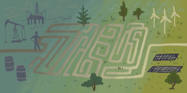 illustration of oil worker and maze leading to low-carbon future