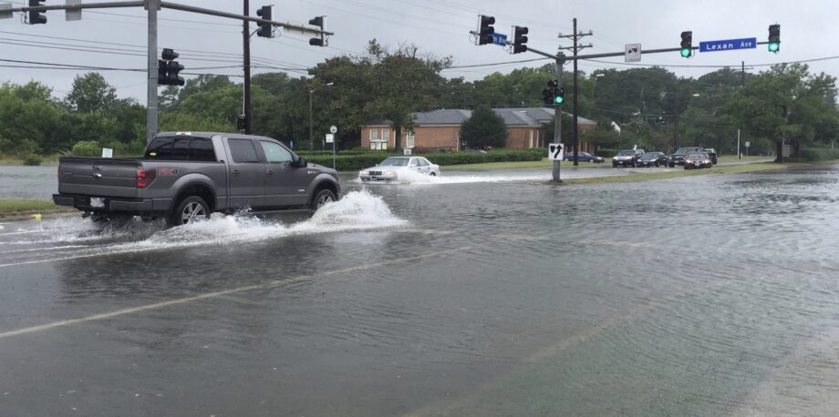 Coastal street flooding in Norfolk, Virginia during the passage of tropical storm Hermine.