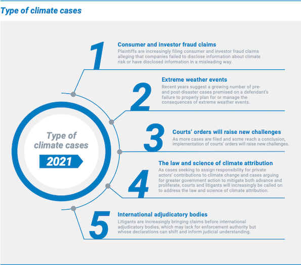 Image of the different types of climate cases: "consumer and investor fraud claims," "Extreme weather events," "Courts' orders will raise new challenges," "The law and science of climate attribution," "International adjudicatory bodies."