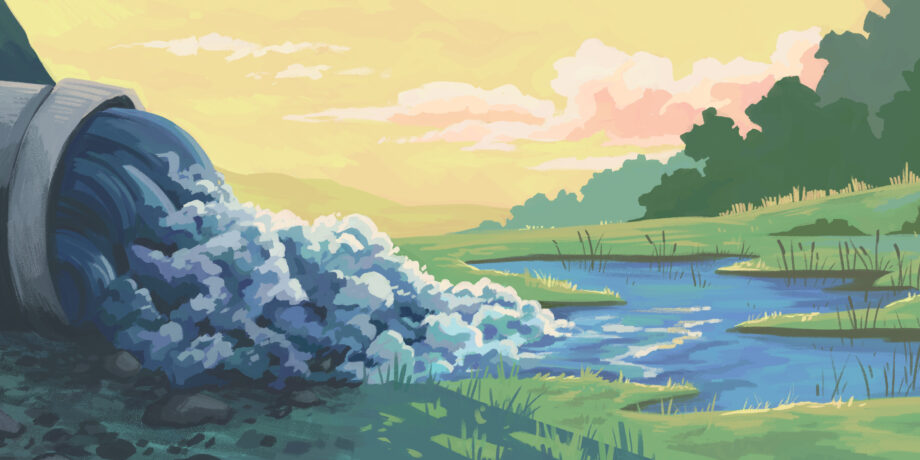 Illustration of water tumbling out chaotically from a storm water pipe into a calm pond or wetland area. Green trees and orange sky in the background,