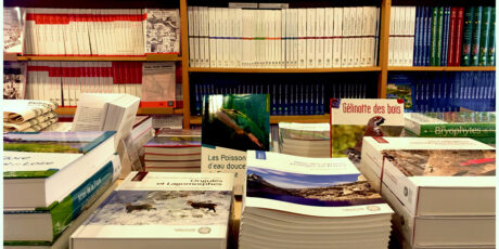 Photo of publications from Muséum national d’Histoire naturelle on table and bookshelf
