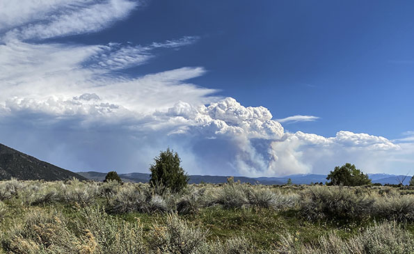 a pyrocumulous cloud towering tens of thousands of feet into the sky southeast of Taos, New Mexico