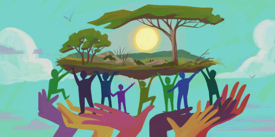 Illustration for an op-ed about conservation organizations helping community-led conservation efforts. The images shows hands holding up people who are holding up an ecosystem.