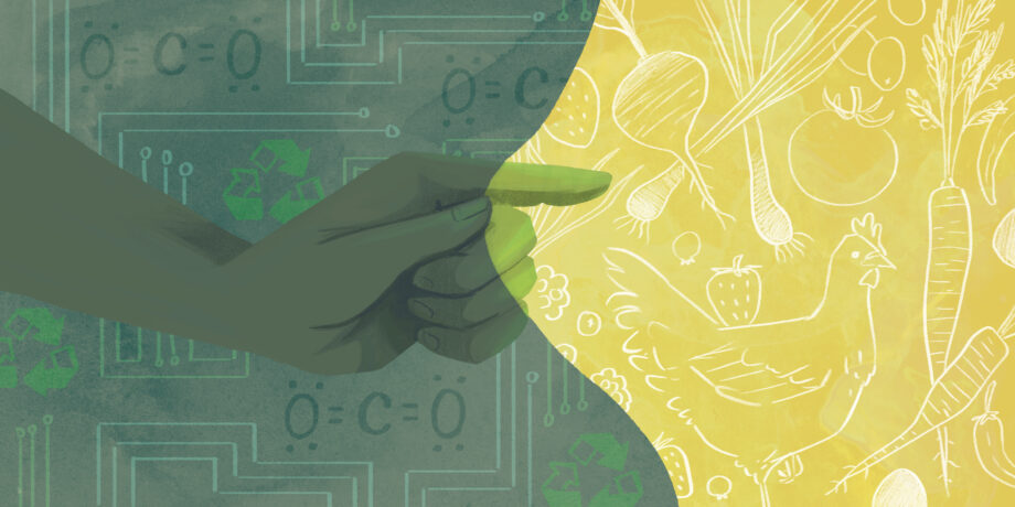 Illustration of a hand "pulling back a curtain" to show non-tech solutions to food system issues in bright yellow. On the left side are tech-related solutions in dark green.