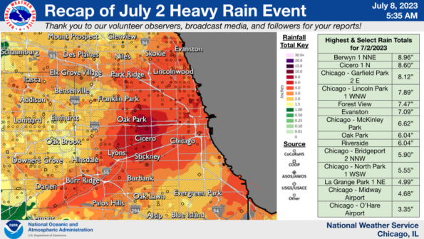 Map showing rainfall amounts in Chicago on July 2, 2023