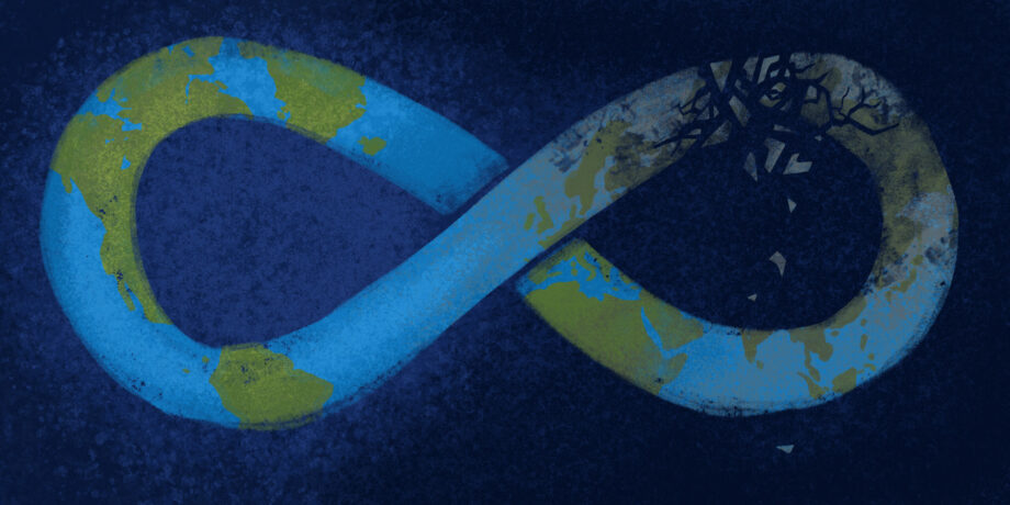 Illustration of the infinity symbol with a map of Earth on it and part of it is broken to symbolize that nothing is limitless.