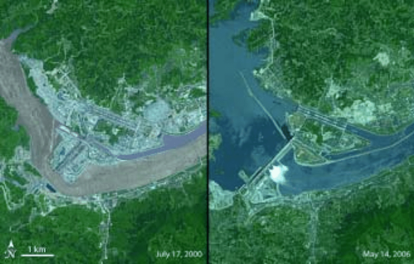This pair of images shows the Three Gorges Dam on the Yangtze River in central China in partial completion in July 2000 and again in May 2006.