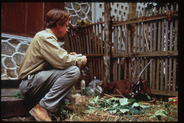 Photo of William Robichaud, co-founder of the Saola Foundation, in 1996 with a captured saola dubbed Martha