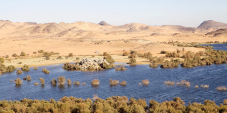 Mountains and desert along the shore of Lake Nasser, Egypt. Lake Nasser was created by the constraction of the Aswan High Dam