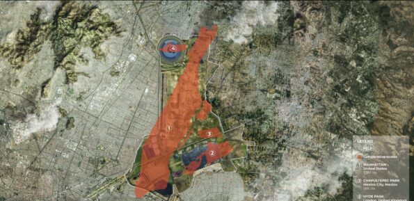 An overlay map comparing the scale of the park to Manhattan (1), Mexico CIty’s Chapultepec Park (2) and London’s Hyde Park (3)